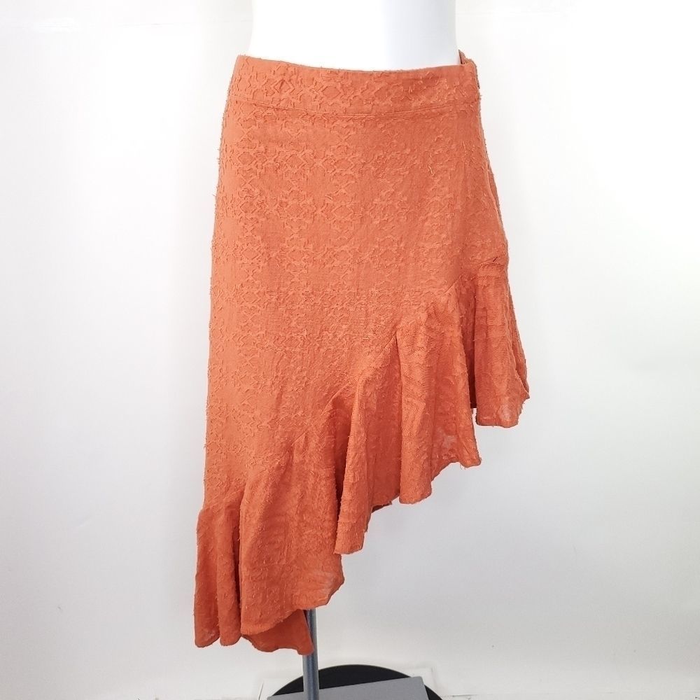 Free People Serena Asymmetrical Ruffle Midi Skirt 100% Cotton Orange sz 8 NEW - Picture 3 of 10